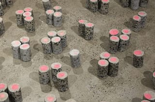 <span class="artist">Megan Cope</span><span class="title"> Untitled (Extractions l)</span><span class="year"> 2021</span>, <span class="medium">Core drilled Cement plug, aggregate, pink acrylic spray paint, beeswax</span>, <span class="dimen dimen-notes">70mm x 110mm each x 200 pcs</span>, <span class="notes">Installation view: UNSW Galleries, Sydney. Photograph: Zan Wimberley</span> <span class="artist">Megan Cope</span><span class="title"> Untitled (Extractions l)</span><span class="year"> 2021</span>, <span class="medium">Core drilled Cement plug, aggregate, pink acrylic spray paint, beeswax</span>, <span class="dimen dimen-notes">70mm x 110mm each x 200 pcs</span>, <span class="notes">Installation view: UNSW Galleries, Sydney. Photograph: Zan Wimberley</span>