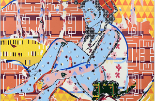 <span class="title"> Me, Blue Woman in the Sun (After Kirchner)</span><span class="year"> 2023</span>, <span class="medium">Acrylic on Polyester</span>, <span class="dimen dimen-notes">162cm x 142cm</span>