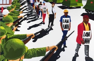 <span class="artist">Richard Bell</span><span class="title"> I Am a Man</span><span class="year"> 2022</span>, <span class="medium">Acrylic on canvas</span>, <span class="dimen">180 x 240 cm</span>