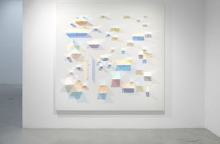 <span class="artist">Ross Manning</span><span class="title"> Ambient Painting (Square)</span><span class="year"> 2021</span>, <span class="medium">Acrylic, stainless steel and dichroic glass on canvas</span>, <span class="dimen">200 x 200 cm</span>
