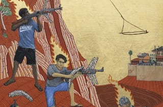 <span class="artist">Ryan Presley</span><span class="title"> Aeronautics what goes up must come down</span><span class="year"> 2020</span>, <span class="medium">oil and gold leaf on board</span>, <span class="dimen dimen-notes">53 x 43 cm</span>