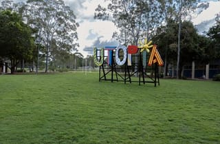 Sam Cranstoun Utopia 2019. Aluminium, galvanised steel, vinyl. Installation view at UniSC, Sunshine Coast. Courtesy the artist and Milani Gallery, Brisbane. Photo: Carl Warner Sam Cranstoun Utopia 2019. Aluminium, galvanised steel, vinyl. Installation view at UniSC, Sunshine Coast. Courtesy the artist and Milani Gallery, Brisbane. Photo: Carl Warner