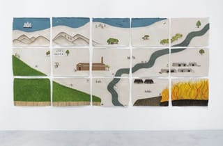 <span class="artist">Sancintya Mohini Simpson</span><span class="title"> kūlī / karambu (detail)</span><span class="year"> 2021</span>, <span class="medium">Watercolour and gouache on handmade wasli paper</span>, <span class="dimen dimen-notes">15 panels: 88 x 63 cm (irreg.) each</span>