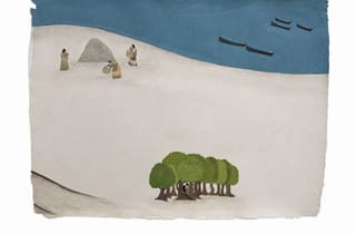 <span class="artist">Sancintya Mohini Simpson</span><span class="title"> kūlī / karambu (detail)</span><span class="year"> 2021</span>, <span class="medium">Watercolour and gouache on handmade wasli paper</span>, <span class="dimen dimen-notes">15 panels: 88 x 63 cm (irreg.) each</span>