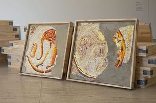 <span class="artist">Tom Nicholson</span><span class="title"> Comparative monument (Shallal)</span><span class="year"> 2014-17</span>, <span class="medium">Glass tesserae mosaics, wooden boxes, dimensions variable, and two-channel video.</span>, <span class="notes">Mosaics created with the Mosaic Centre, Jericho, with mosaicists Rafat Al Khatib and Renan Barham, and project management with Osama Hamdan and Iyad Jammed. Artist assistant on mosaic cartoons: Jamie O’Connell. Video camera: Issa Freij, Christian Capurro, Tom Nicholson. Video editing: with Alex Archer. Video graphic: Mark Peters. Translation: Ameen Darwish, Yumi Maes, Reem Jaber, and Rasha Tayeh. Drivers: Walid Ghousheh and Karem Ghousheh. With the generous support and engagement from Al Ma’mal Foundation for Contemporary Art.</span>