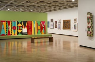 Yuriyal Eric Bridgeman (artist), Kuman (shield) paintings 2018, synthetic polymer paint and twine on plywood,170.0 (h) x 540.0 (w) cm. National Gallery of Australia, Canberra. Purchased 2021