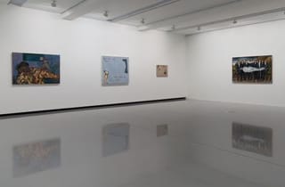 (L-R) Michael Armitage, Sleight of Hand 2016, collection of Sang Il Kim, Seoul; Tom Kreisler, Lightness of Hand, Fleetness of Foot 1984, Chartwell Collection, Auckland Art Gallery Toi o Tāmaki, purchased 2022; John Spiteri, Dis-solution 2006, courtesy of the artist and Sarah Cottier Gallery, Eora Country, in Sydney; Rosslynd Piggott, Ten Rimbauds Holding One Rimbaud 1986, Port Phillip City Collection, Naarm/Melbourne, purchased through St Kilda Festival Acquisitive Exhibition, City of St Kilda, 1986. Installation view: Thin Skin, Monash University Museum of Art, Naarm/Melbourne, 2023. Photo: Christian Capurro (L-R) Michael Armitage, Sleight of Hand 2016, collection of Sang Il Kim, Seoul; Tom Kreisler, Lightness of Hand, Fleetness of Foot 1984, Chartwell Collection, Auckland Art Gallery Toi o Tāmaki, purchased 2022; John Spiteri, Dis-solution 2006, courtesy of the artist and Sarah Cottier Gallery, Eora Country, in Sydney; Rosslynd Piggott, Ten Rimbauds Holding One Rimbaud 1986, Port Phillip City Collection, Naarm/Melbourne, purchased through St Kilda Festival Acquisitive Exhibition, City of St Kilda, 1986. Installation view: Thin Skin, Monash University Museum of Art, Naarm/Melbourne, 2023. Photo: Christian Capurro