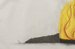 The Fire (detail), 2022, Watercolour and gouache on handmade wasli paper, 4 panels, approx. 95 x 125 irreg. each 
190 x 250 cm approx. overall The Fire (detail), 2022, Watercolour and gouache on handmade wasli paper, 4 panels, approx. 95 x 125 irreg. each 
190 x 250 cm approx. overall