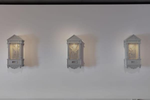 Warraba Weatherall, Setting Sun, 2026, aluminium, polymer resin, enamel, series of three: 100 x 40 x 15 cm each. Installation view, Rememory, The Biennale of Sydney, Chau Chak Wing Museum, The University of Sydney Photo: David James