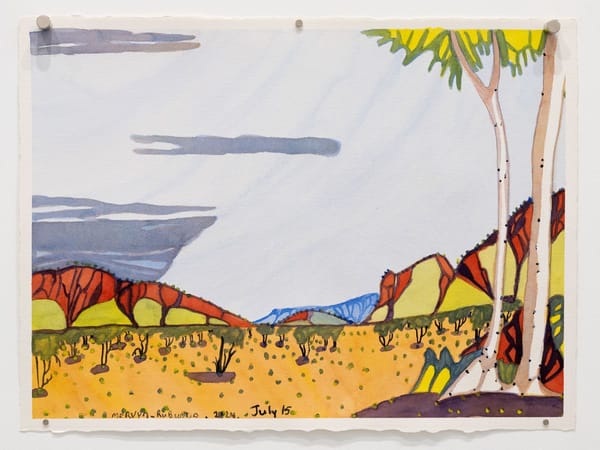 Mervyn Rubuntja, Near Mount Sonder, 2024, watercolour on paper, 53.5 x 73cm