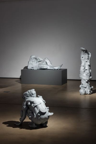 Installation View. Clumped Composition (Inverse), Clumped Composition (Spilled Blueberries), Clumped Composition (Crouching)