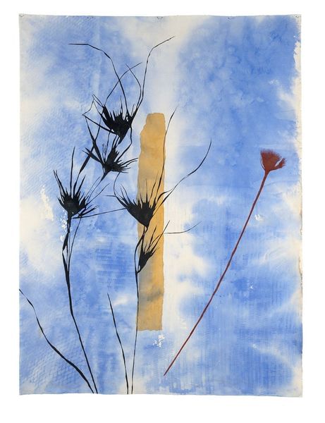 standing stone, kangaroo grass red and yellow ochre standing stone, kangaroo grass red and yellow ochre