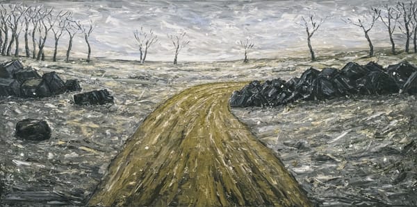 Painting (brown road stones trees)