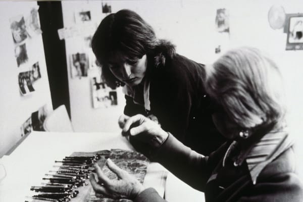 Documentation of Mothers' Memories, Other Memories' of Kathy Gibbing with Mrs Mitchell, who is demonstrating lace making.