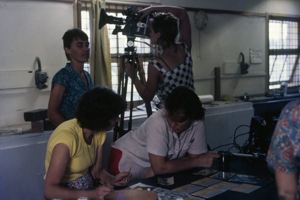 Documentation from Mothers' Memories, Others' Memories at Westpoint, showing film crew filming "Something Creative" for Craft Council of Australia, director Gillian Leahy, 1981