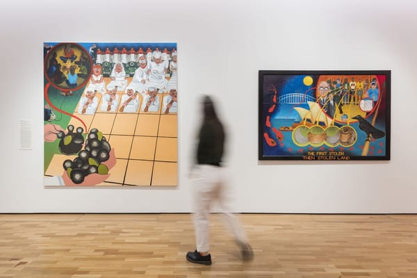 Gordon Hookey, (left) Outside the Square, Inside the Circle, 2003, First Stolen Then Stolen Land, 1998