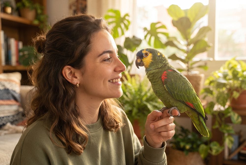 Convivência feliz com o papagaio
