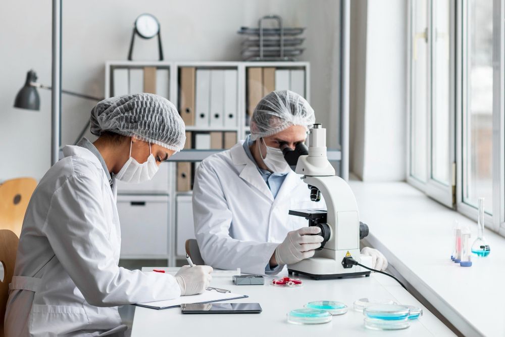 Dois profissionais da área biomédica trabalham em laboratório com microscópio e análises.