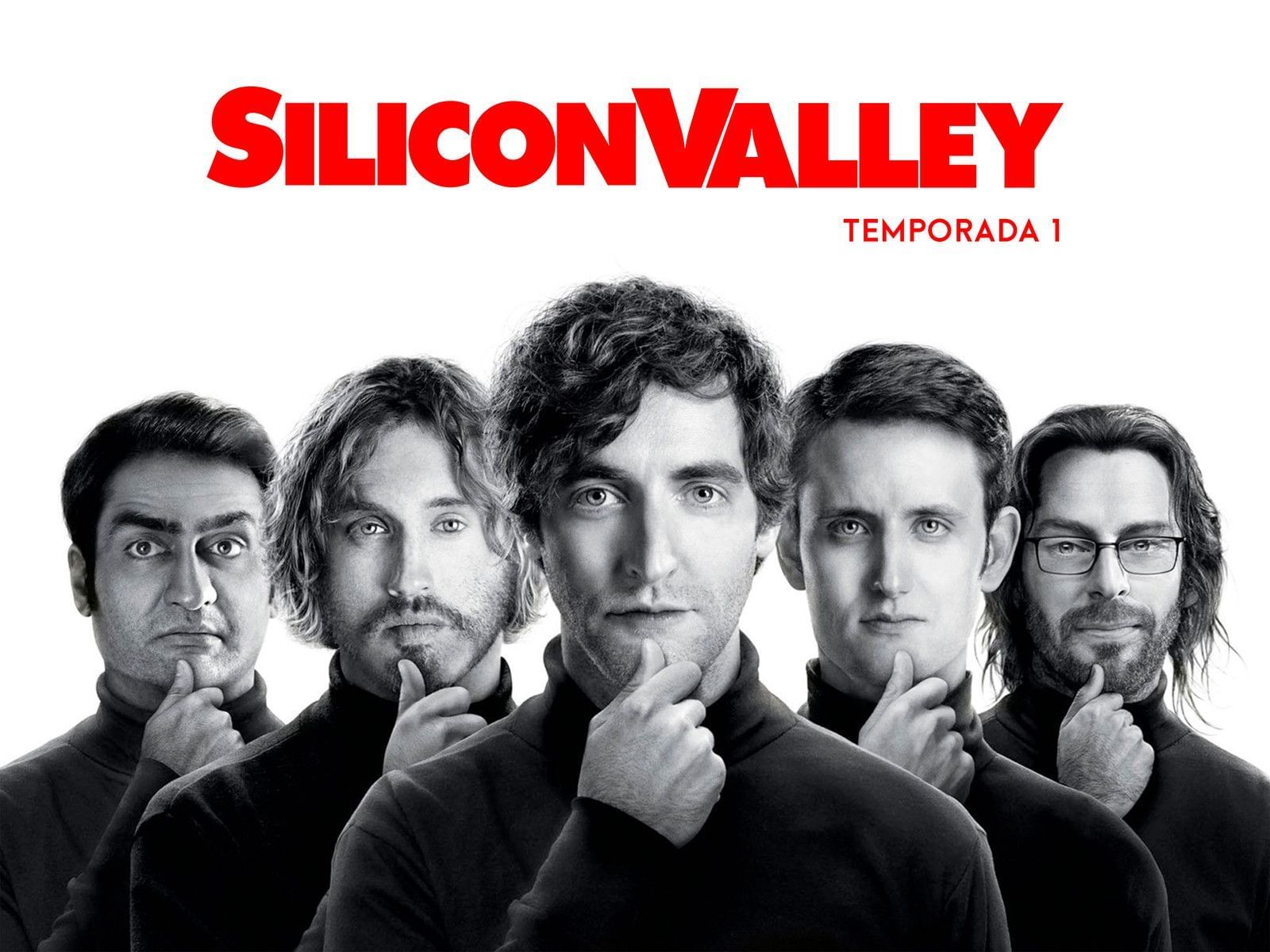 Elenco de Silicon Valley no cartaz da série em preto e branco