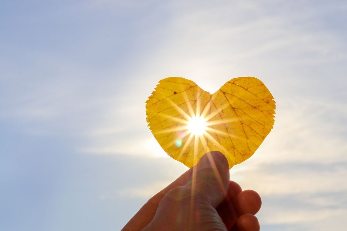 uma mão de uma pessoa branca segurando uma folha amarela, recortada em formato de coração. Essa folha está direcionada ao céu.