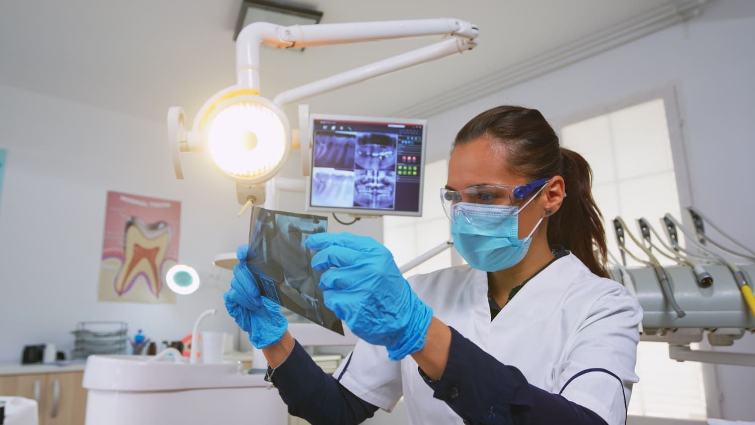 dentista analisando um raio x em seu escritório; veja quando é comemorado o Dia do Dentista