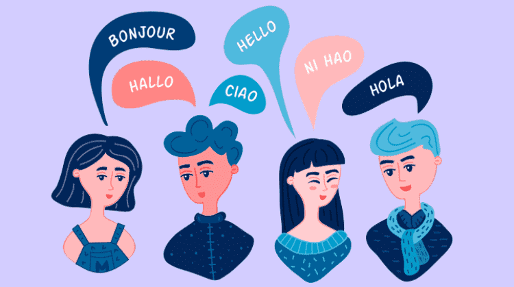 Desenhos de pessoas com balões de fala "oi" em outros idiomas; veja quais são as línguas mais fáceis de aprender
