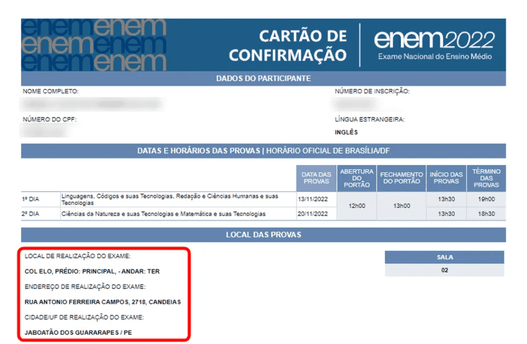 Local de prova, horário, sala e outras informações podem ser visualizadas no Cartão de Confirmação do Enem