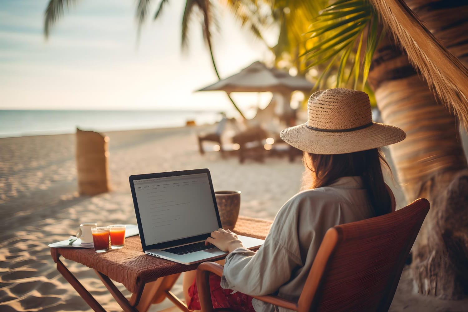 Mulher de frente para o mar com um notebook aberto trabalhando; Profissões para trabalhar no verão e ganhar dinheiro: veja áreas em alta