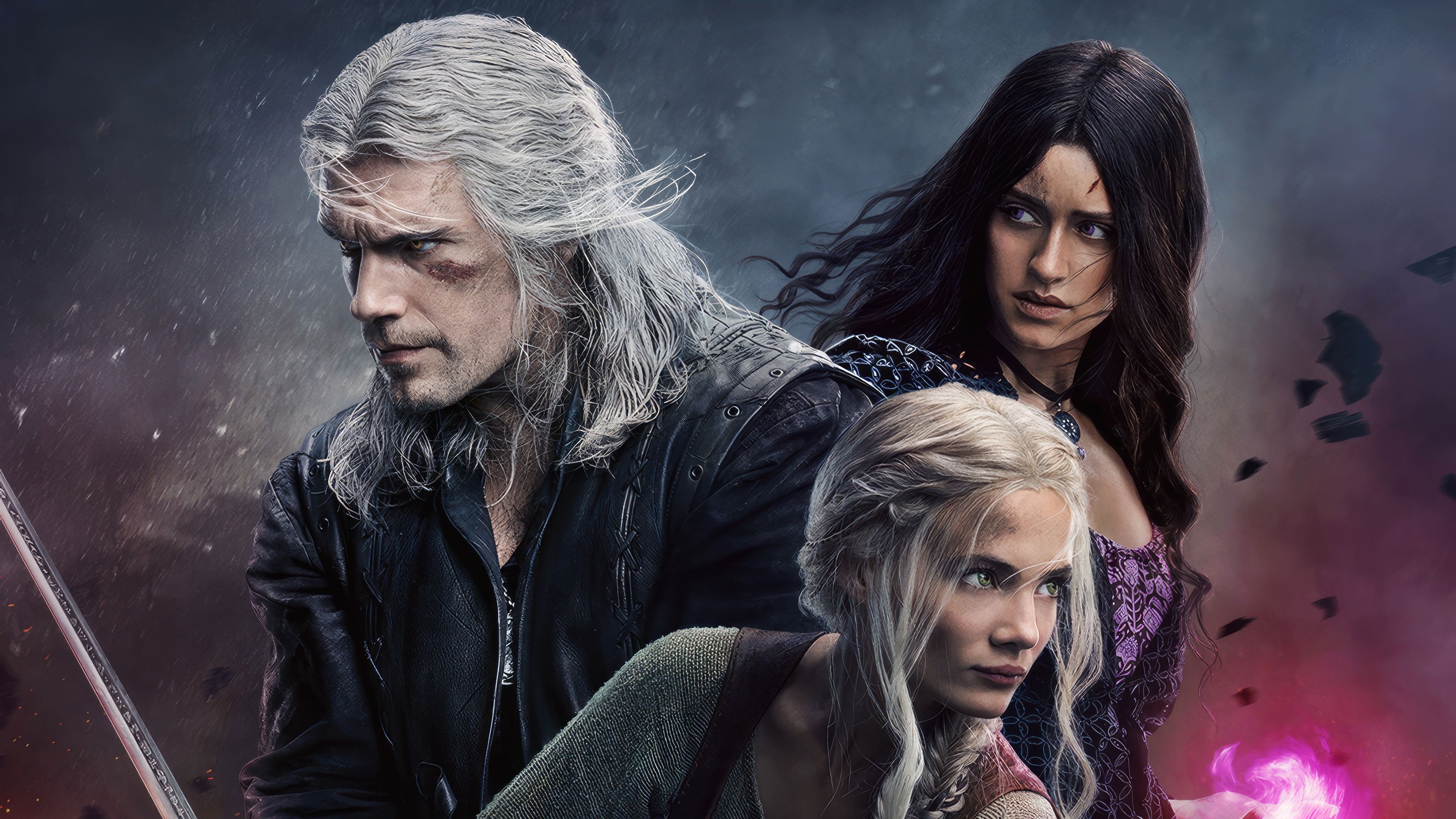 Na imagem observamos os personagens principais do seriado de fantasia The Witcher, Geralt de Rívia, Yennefer de Vengerberg e a Princesa Cirilla de Cintra.