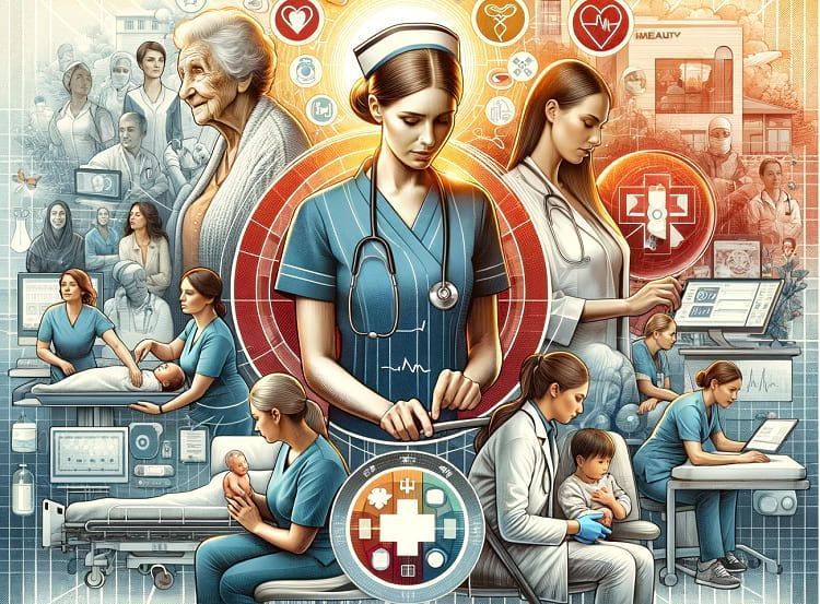 Enfermeiros em diversas especializações, incluindo geriatria, tecnologia e urgências, simbolizando a amplitude e a evolução da enfermagem moderna.