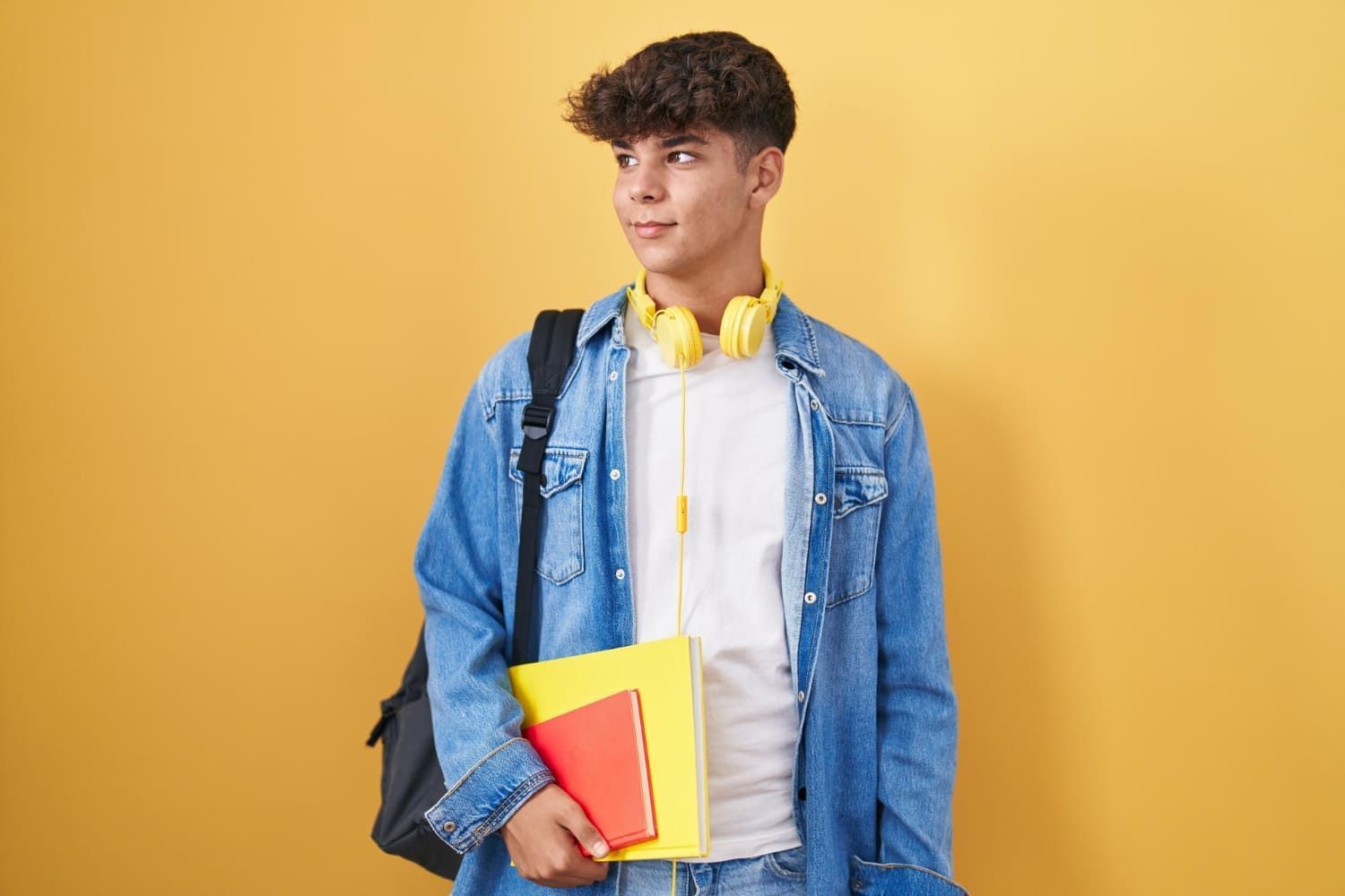 Menino adolescente com mochila segurando cadernos e sorrindo; Pé-de-meia: veja regras, datas e calendário oficial do programa do MEC