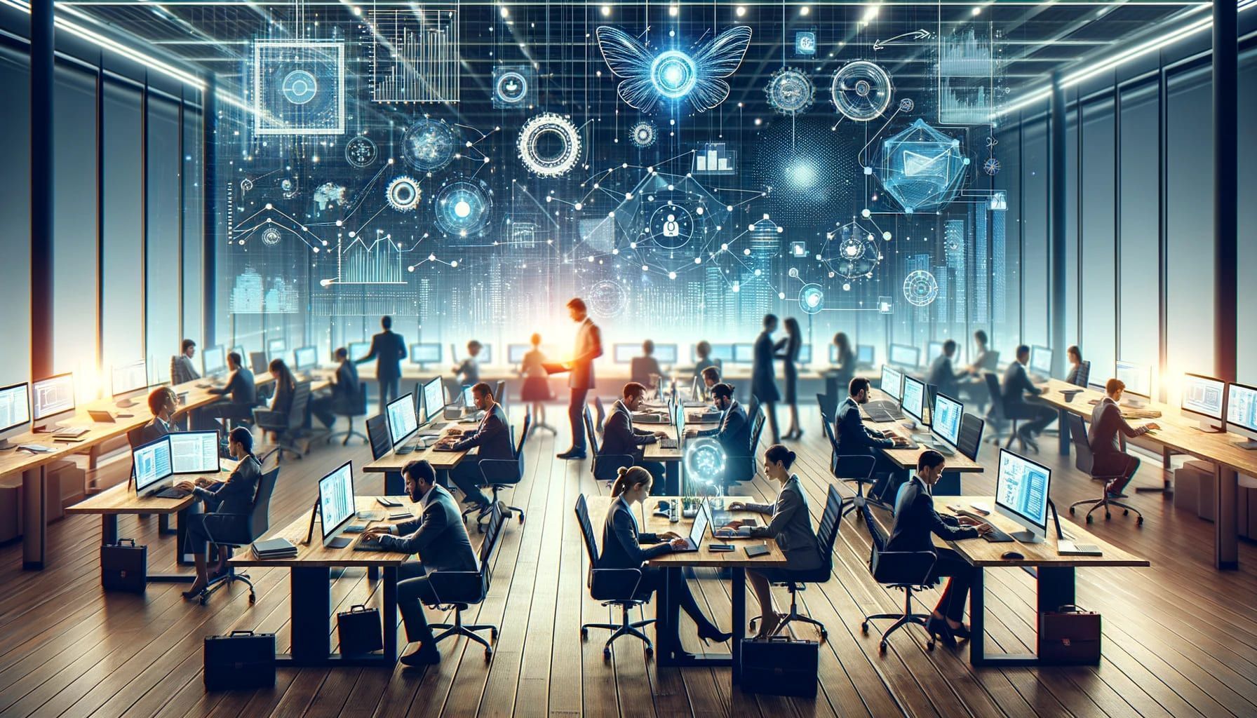 Profissionais colaborando em tecnologias emergentes como big data, IA e blockchain dentro de um escritório moderno, representando habilidades de um curso de Gestão de TI.