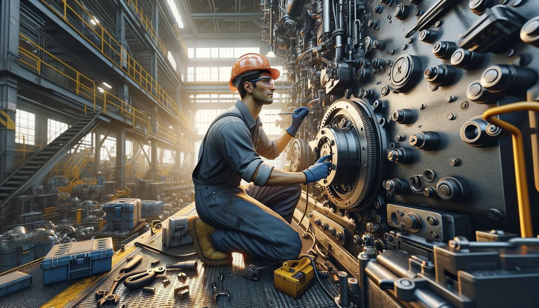 Mecânico industrial trabalhando com precisão em maquinário pesado, ilustrando habilidade e profissionalismo no ambiente industrial