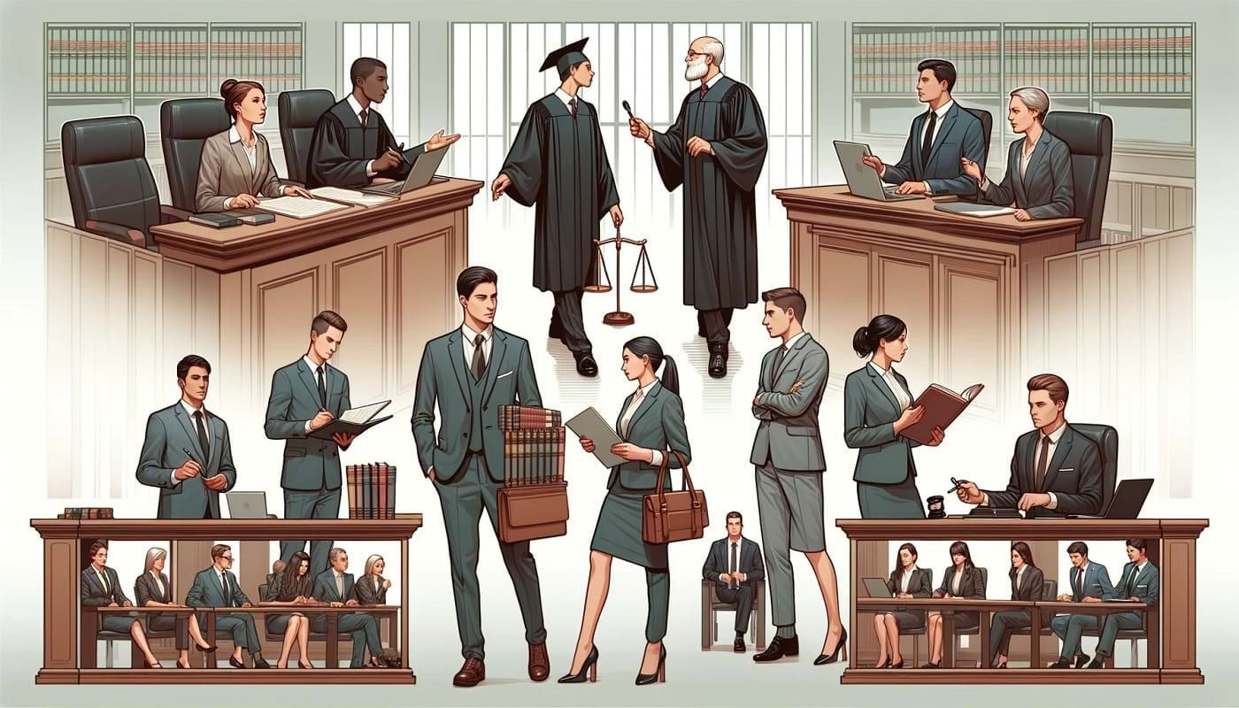 Ilustração realista mostrando profissionais de Direito trabalhando em diferentes ambientes, incluindo tribunal, escritório de advocacia, defensoria pública, gabinete governamental e sala de aula universitária.