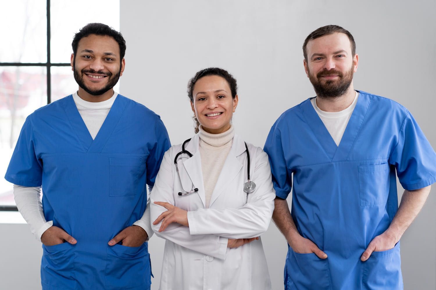 Médica e enfermeiros prontos para o trabalho; a área da saúde é uma das melhores do mercado para conseguir emprego