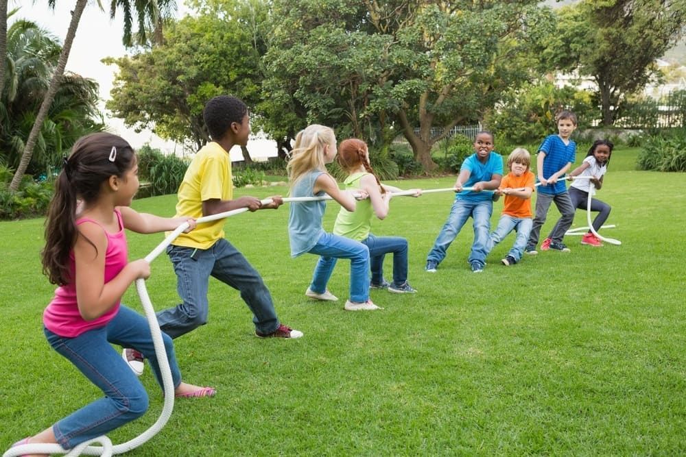 crianças felizes se divertindo brincando de cabo de guerra no gramado