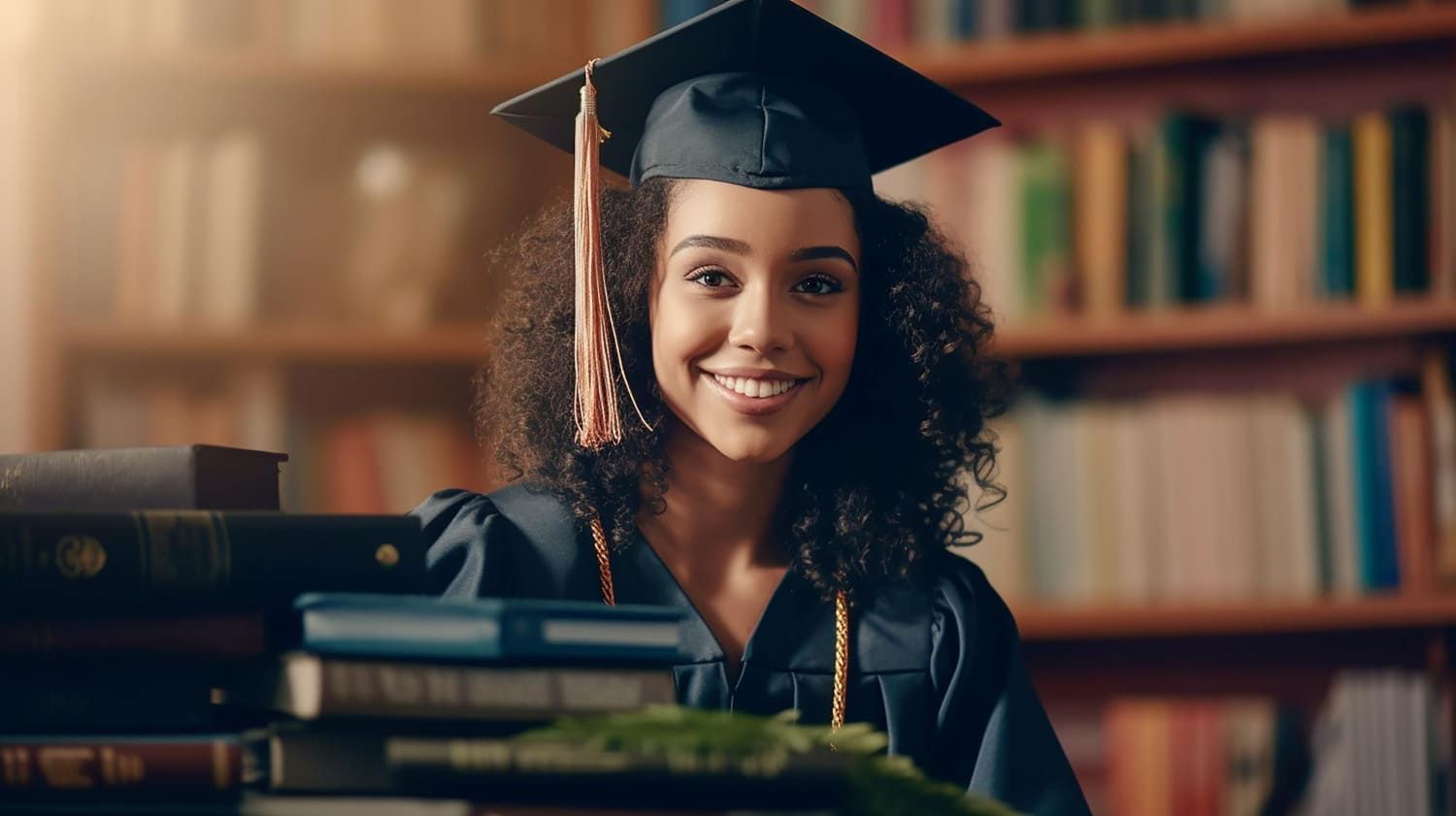 Mulher negra de capelo e beca de formatura em frente a uma pilha de livros sorrindo por conseguir entrar uma pós-graduação rápida com bolsa de estudos