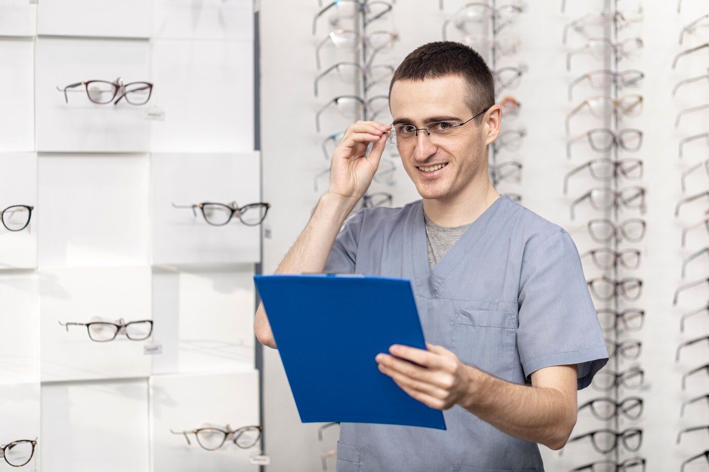Consultor óptico, homem, branco, com roupa de atendimento numa clínica óptica segurando uma prancheta