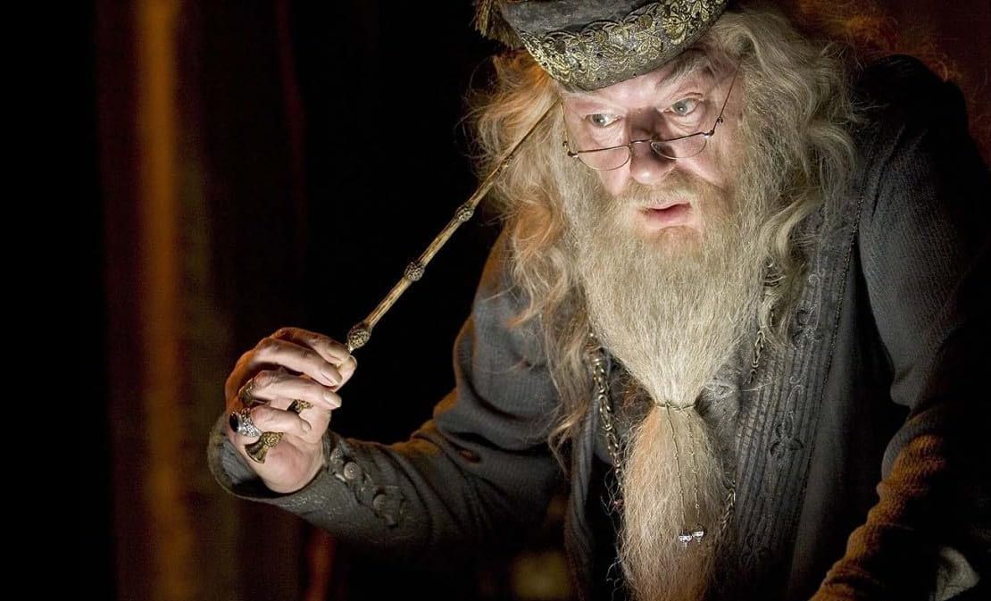 Dumbledore tocando sua cabeça com uma varinha 