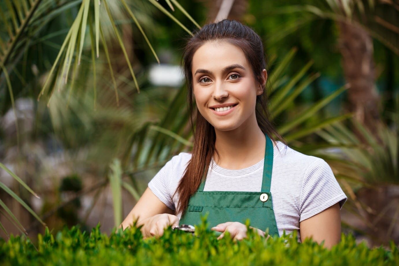 Paisagista mulher, cabelo castanho trabalhando na organização de um jardim, cortando um arbusto