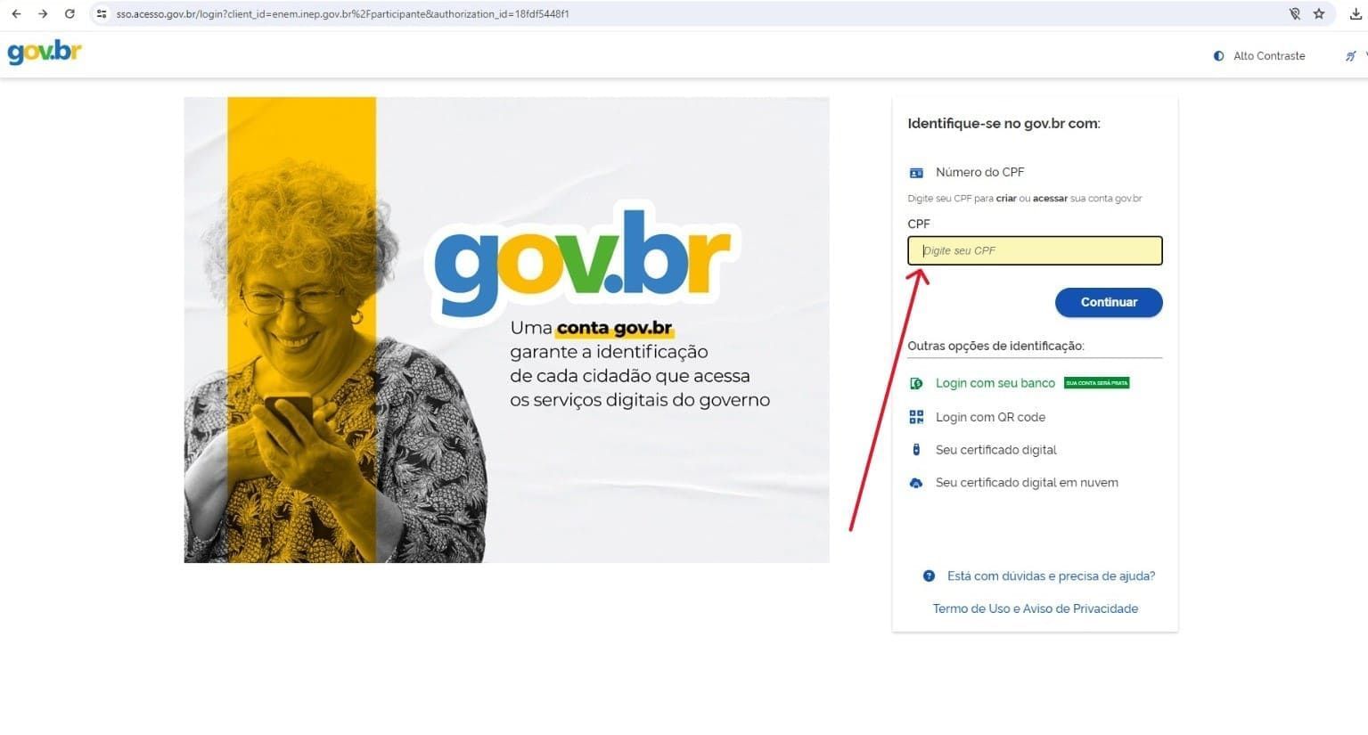 Página inicial para login no site gov.br