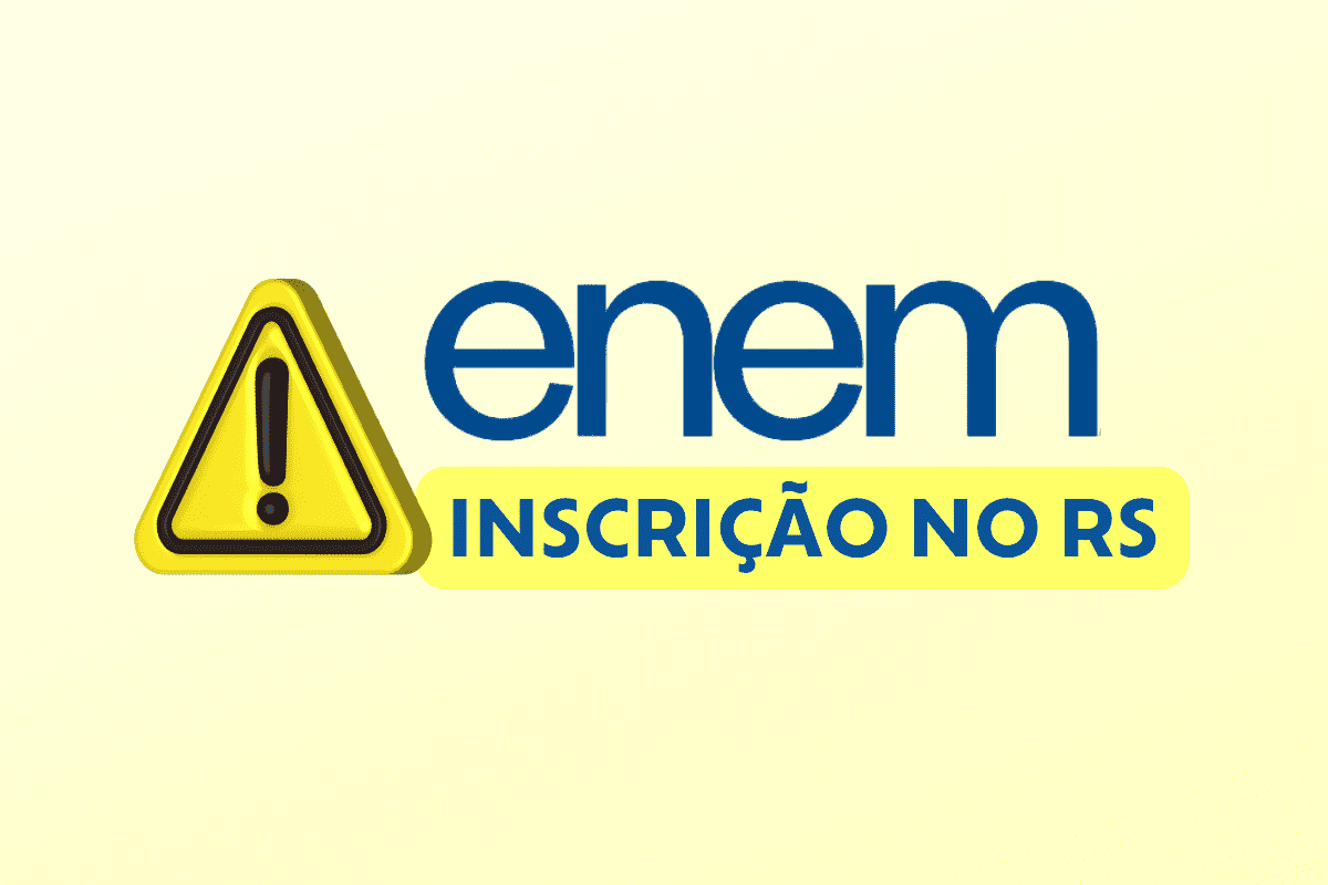 Logo do Exame Nacional do Ensino Medio, o Enem em um fundo amarelo claro, embaixo está escrito inscrição no RS e ao lado tem um símbolo de exclamação grande