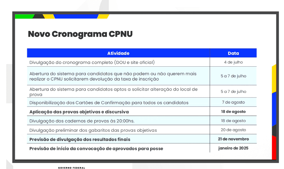 Cronograma do CNU com as novas datas, divulgado em live do MGI nesta quinta-feira