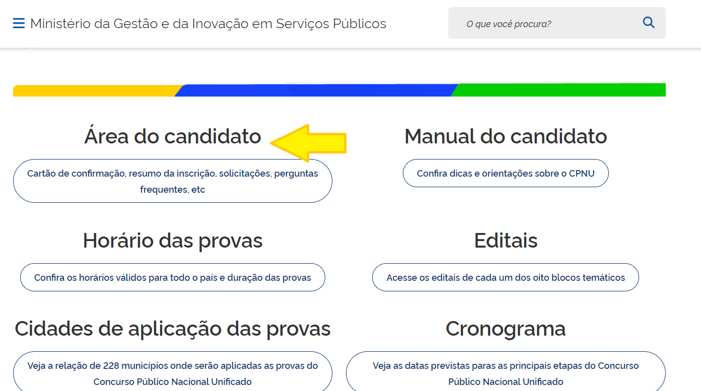 Tela do site do CNU, com seta apontando para a área do candidato, onde é possível solicitar a devolução da taxa de inscrição