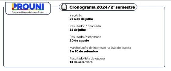 Cronograma oficial do Prouni 2024.2 com as datas e prazos para inscrição, resultado e lista de espera