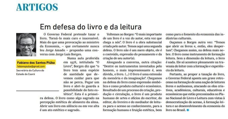 Exemplo de um artigo de opinião publicado no jornal O Estado de S.Paulo, intitulado "Em defesa do livro e da leitura"