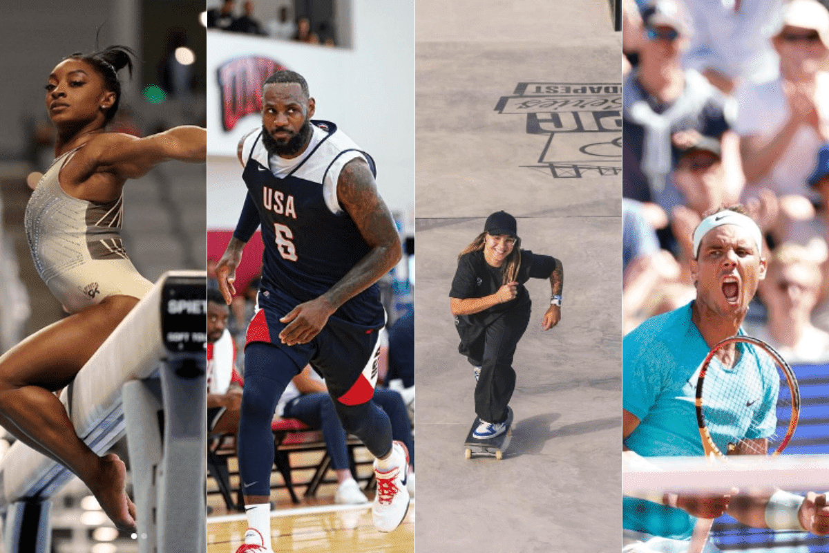 Montagem de Simone Biles, Lebron James, Pamela Rosa e Rafael Nadal, respectivamente