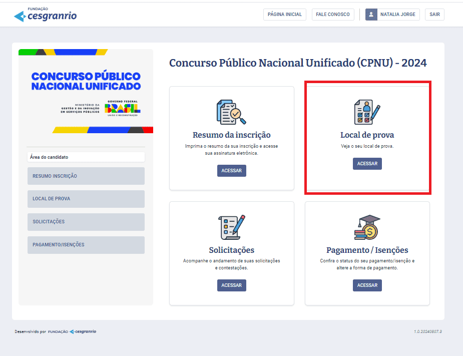 Área do candidato da Fundação Cesgranrio, onde aparece o botão para acessar o local de prova do CNU 2024