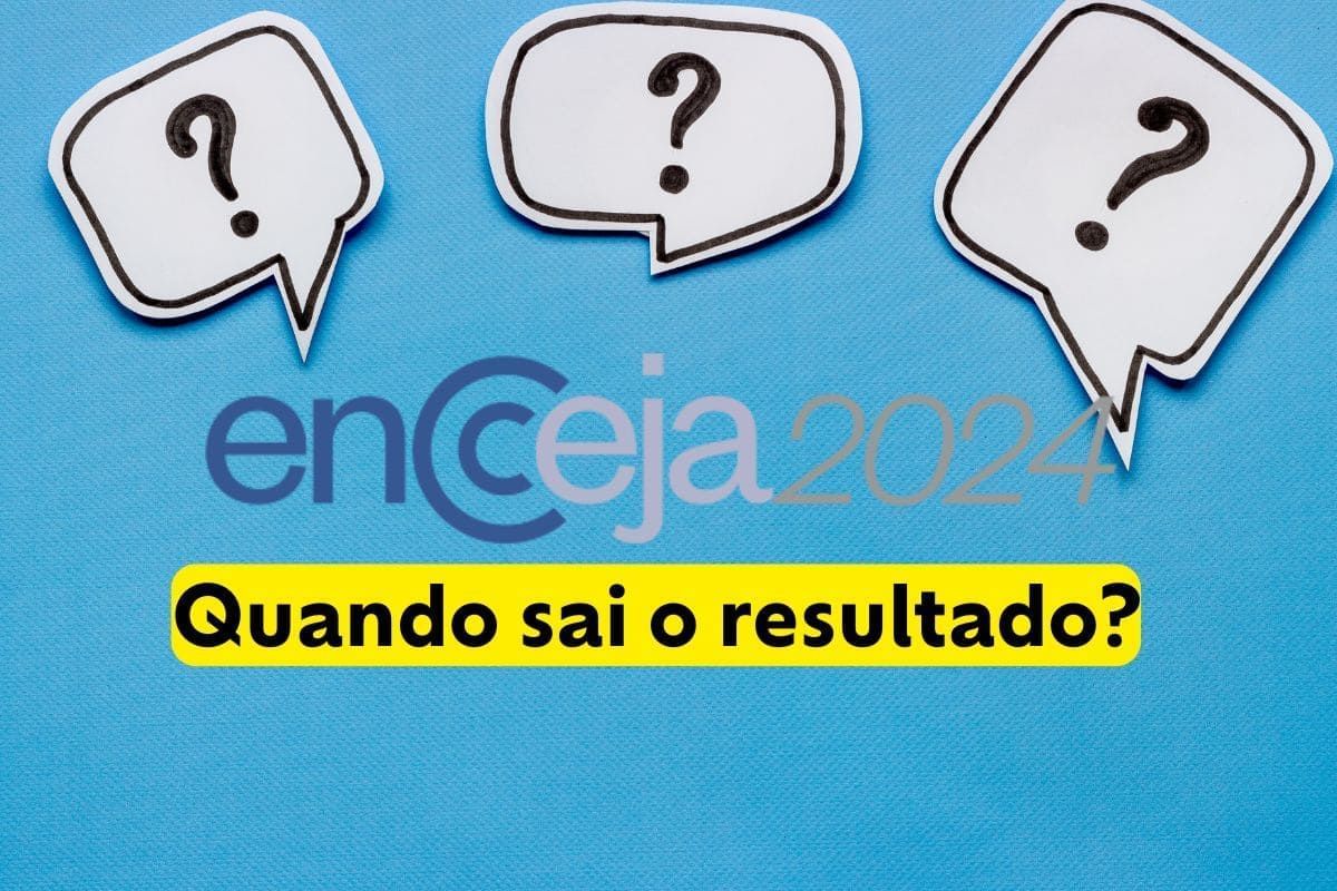 Logo do Encceja 2024 e embaixo escrito quando sai o resultado?, ao fundo, balões de fala com pontos de interrogações, remetendo à ideia de dúvida