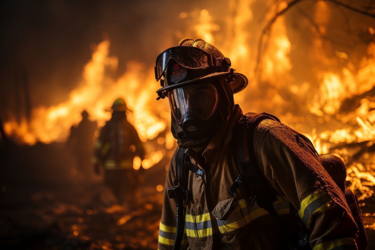 Profissionais atuam em incêndio florestal. Três pessoas estão na imagem: duas estão em segundo plano e um bombeiro está centralizado na imagem. (Foto de autoria do site Freepik)